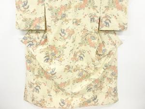 アンティーク　源氏車に草花模様織出し手織り紬着物